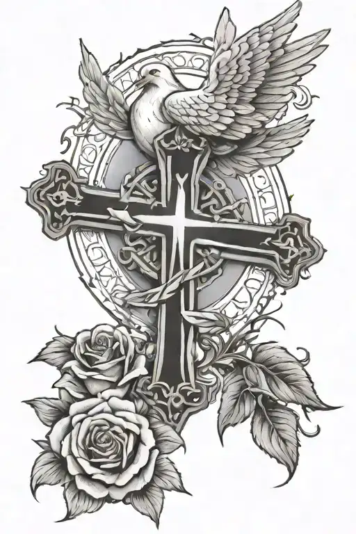Dove With Rose And Below Are 3 Crosses With A Sun And Clouds Around