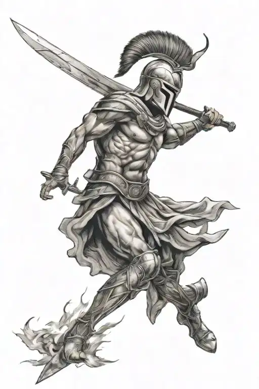 Spartan Warrior Holding Sword In Air After Winning Battle