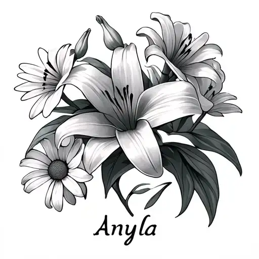 Lillies And Daisies Growing With The Name Anyla