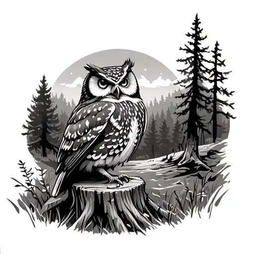 Owl On Tree Stump In Forest Scene