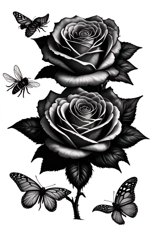 Three Butterfly's Flying Over Rose With Bee Going In Between