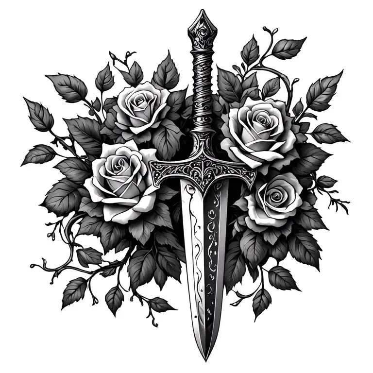 Dagger With Vines Going Down And Roses Growing From Dagger To The Sides