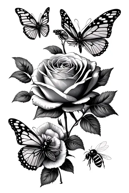 Three Butterfly's Flying Over A Rose With Bee Going In Between