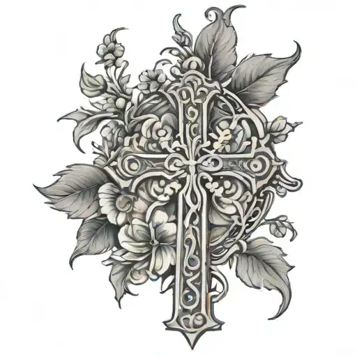 Floral Tattoo With Christian Cross Intertwined