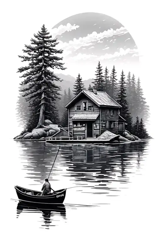 Lake Surrounded Forest Landscape Boat Floating Lake House Fishing In Boat