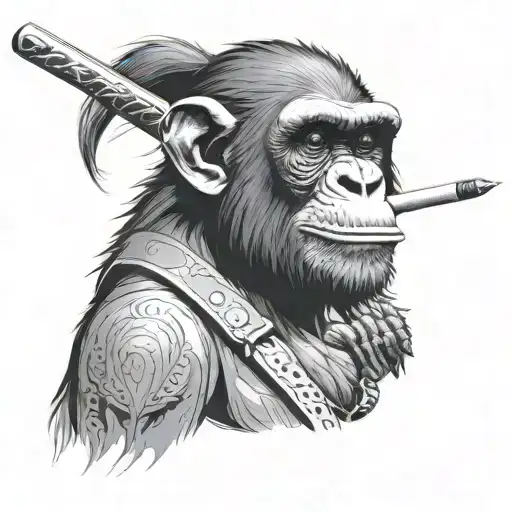 Chimpanzee Smoking A Cigarette Wile Rest A Katana On His Shoulder