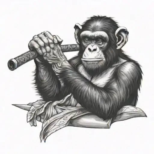 Chimpanzee Smoking A Cigarette While Resting A Katana On His Shoulder