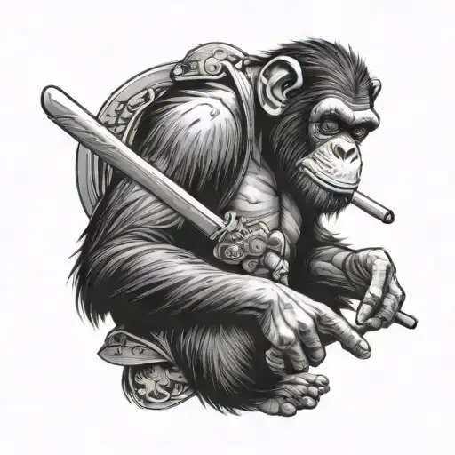 Chimpanzee Smoking A Cigarette While Resting A Katana On His Shoulder