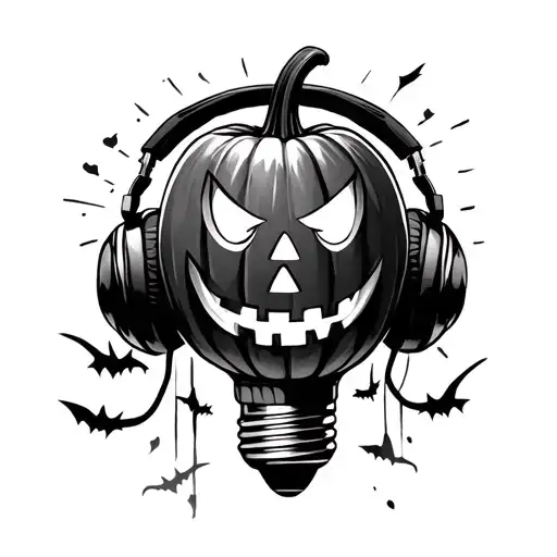 Jack-o'-lantern Sitting Inside A Lightbulb Listening To Headphones