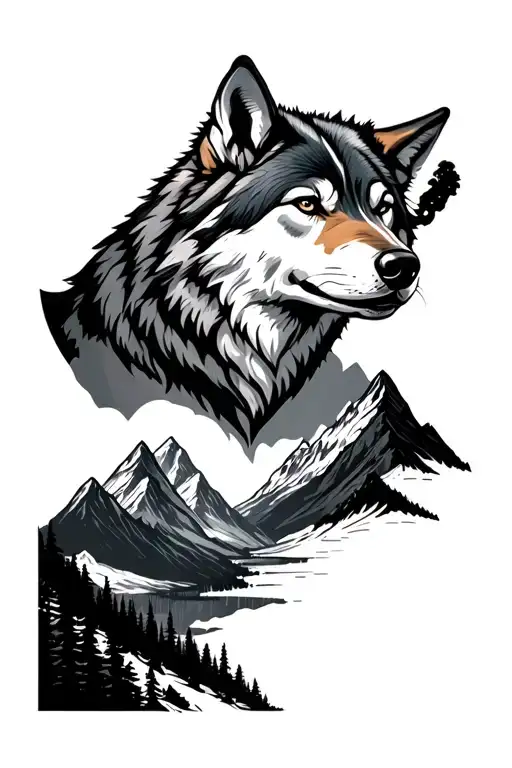 Full Sleeve Mountains With Wolf Overlooking A Valley