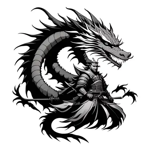 Japanese Dragon And A Samurai Warrior