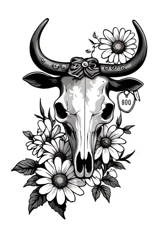 Western Bull Skull With Daisy And Sweet Pea Flower And A Cow Tag
