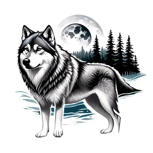 Siberian Wolf And Luna Full Of Forest Background