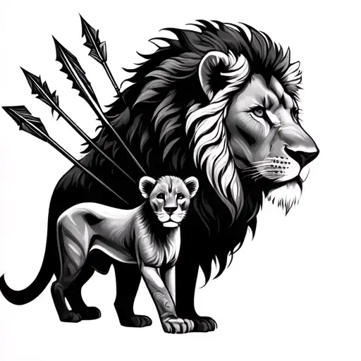 Lion Lioness And Cub With 3 Arrows In Back Of Lion