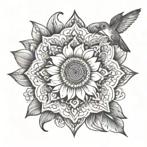 Mandala With A Sunflower And A Hummingbird