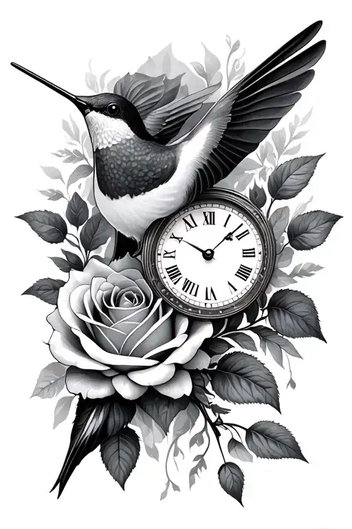 Hummingbird Rose And Clock Face