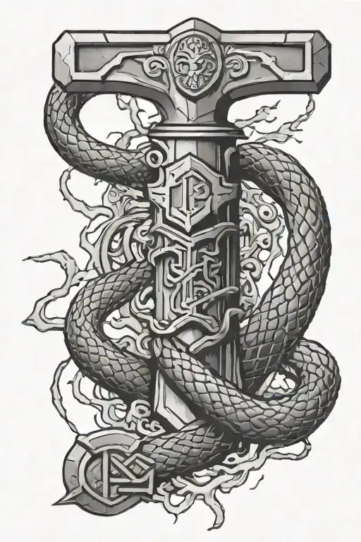 Mjolnir With Lightning And Snake