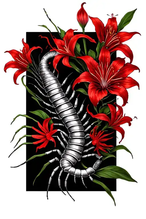 Centipede Wrapped Around With Red Spider Lilies Intertwined