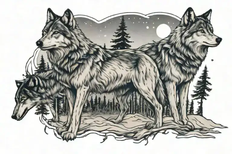 Wolf Pack Aurora Borealis Forest Lower Back