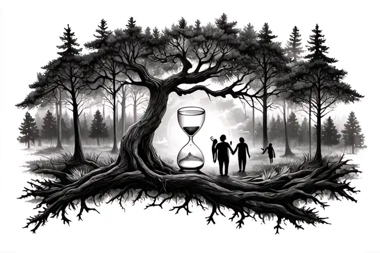 Pine Forest Wrap Around And Family Tree And Hour Glass Father With 2 Kids