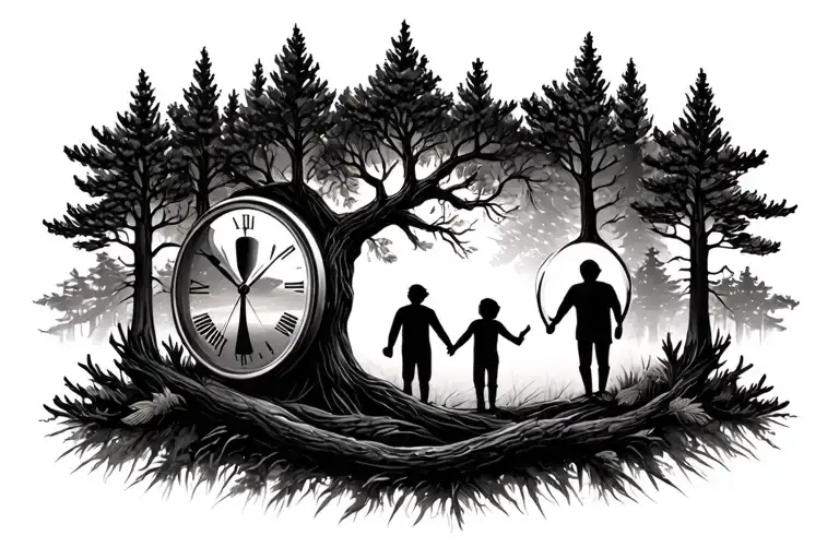 Pine Forest Wrap Around And Family Tree And Hour Glass Father With 2 Kids