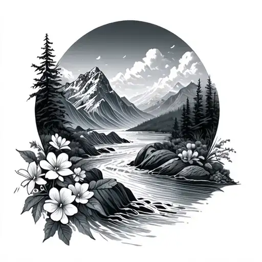 Mountain Scene With Waves And A River And Flowers