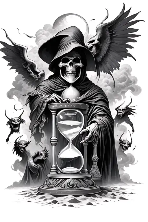 Grim Reaper With Time And Hourglass Out Of Sand With Demons And Clouds Of Apocalypse