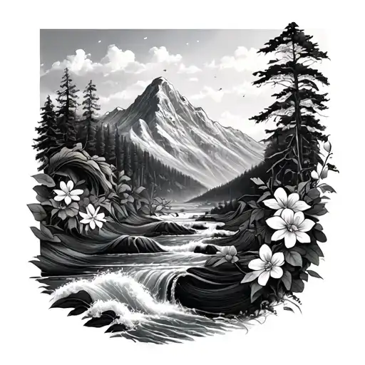 Mountain Scene With Waves And A River And Flowers Full Sleeve