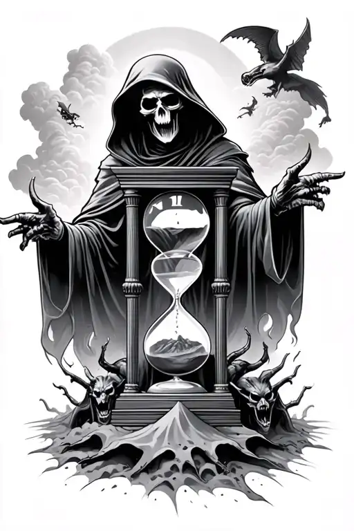 Grim Reaper With Time And Hourglass Out Of Sand With Demons And Clouds Of Apocalypse