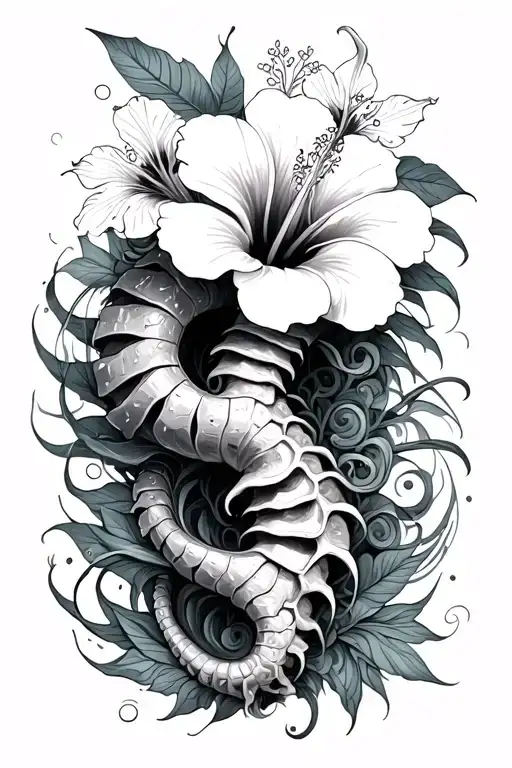 Hibiscus And Ocean Creature Inspired Spine Tattoo Design