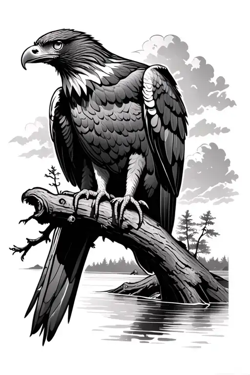 Eagle Sitting On Branch Of Tree With River Behind