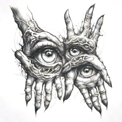 Sketch Of Eyes Along The Hands Reaching Out To Each Other In Smoke