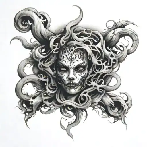 Sketch Of Smoke In Black And White Tattoo On Forearm With Several Eyes
