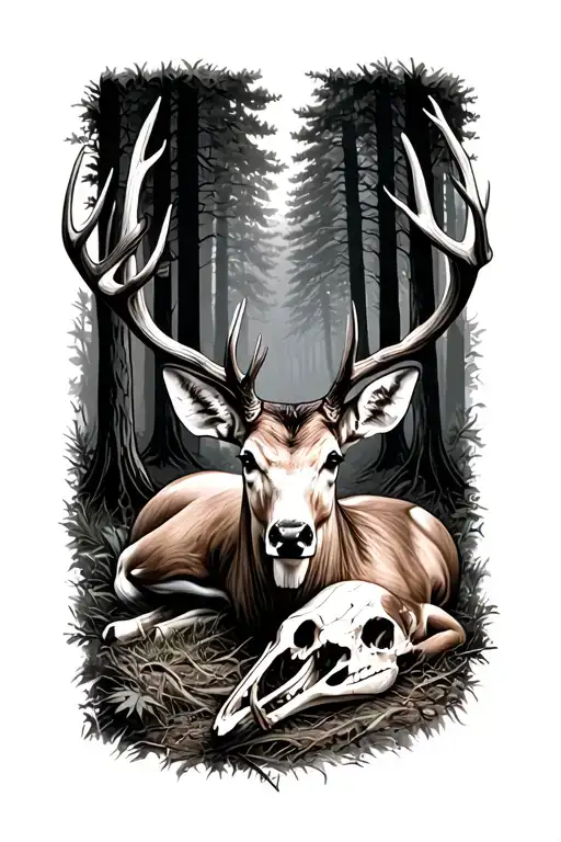 Whitetail Deer With Forest And Deer Skull Laying On Ground