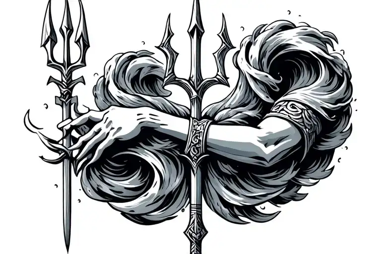 A Trident With A Arm Band Of Greek Waves Flowing