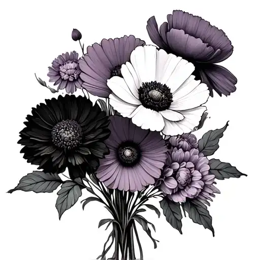 Flower Bouquet With Mums Poppys Violet And Marigold Minimal Style