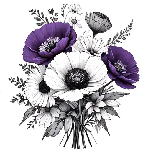 Flower Bouquet With Mums Poppys Violet And Marigold Minimal Style Dainty