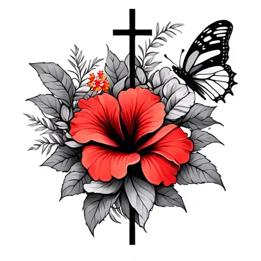 Cross With Bow Around It Red Hibiscus Flower With Butterfly