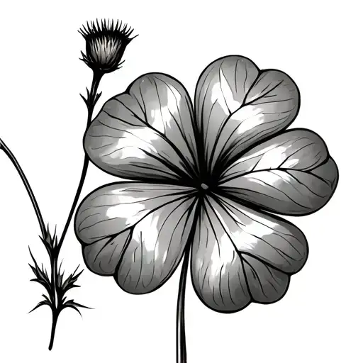 Four Leaf Clover That Has One Damaged Leaf And A Stem Of Thistle