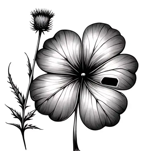 Four Leaf Clover That Has One Damaged Leaf And A Stem Of Thistle