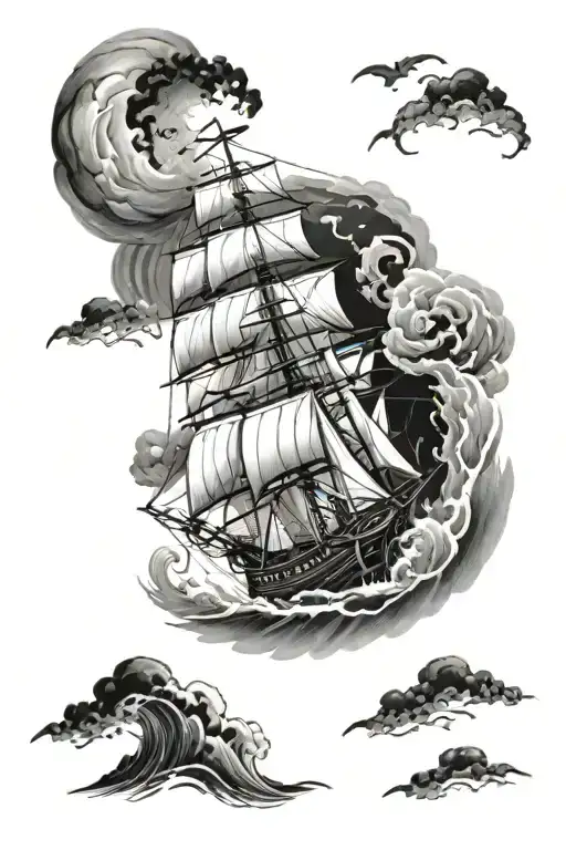 Ship In Storm With Karaken On It