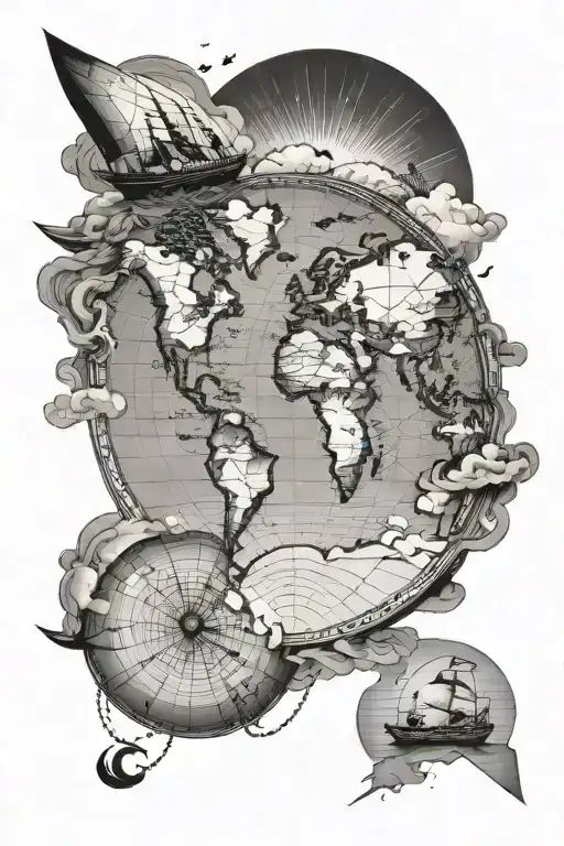 Yacht Sailing On World Map Towards Sun On Horizon In The Background