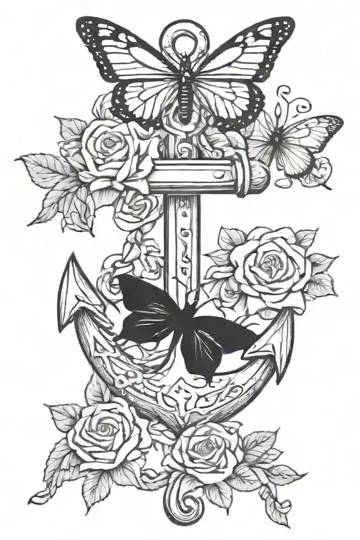 Anchor With Small Roses Intertwined And Two Butterflies Flying