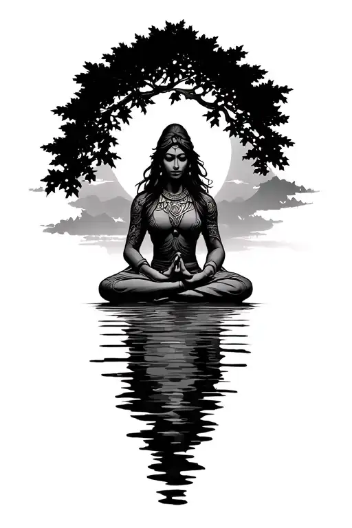 Warrior Meditating Under Maple Tree Sun In Background Water Around