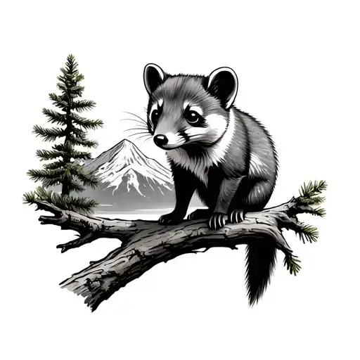 Pine Marten Sitting On Branch With Mt St Helens In Backround