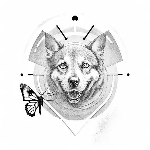 A Majestic Sunset Over The Ocean With A Silhouette Of A Dog And Butterfly