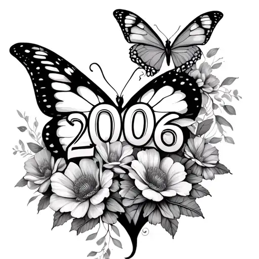 Flowed And Butterfly's With Numeral Number 2006 Heart Symbol