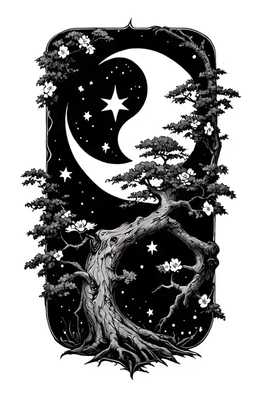 Trees In Bloom Stars Moon Merging Together