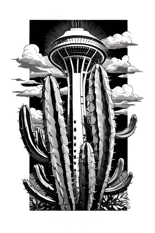 Fine Line Drawing Of Half Space Needle Half Cactus