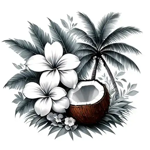 Tropical Flowers And Coconut Tree
